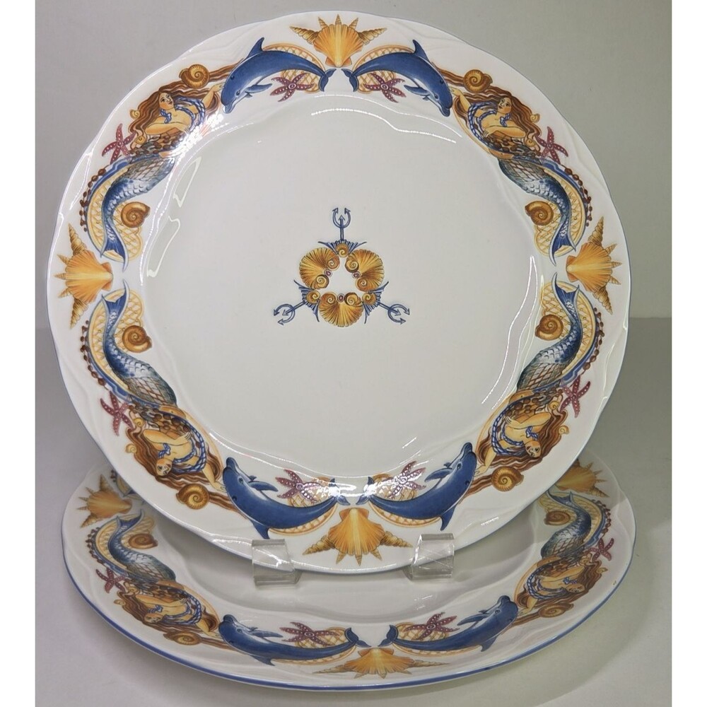 Pair Of Porsgrund Norway Ocean Dinner Plates Porcelain 11" Dolphin Mermaid Rare